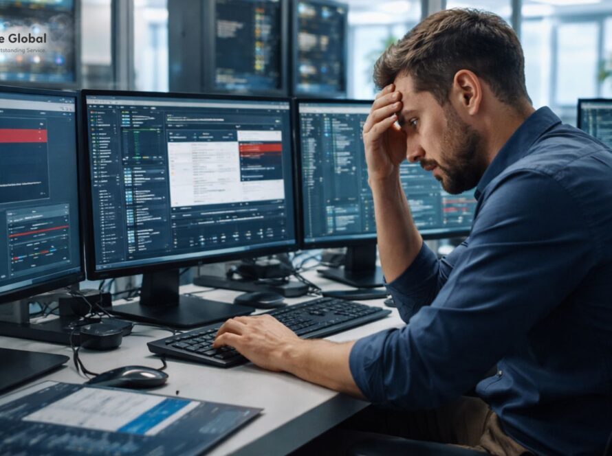 IT professional troubleshooting an error across multiple monitors